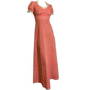 Vintage Darling Dolly Polka Dot Pink and White 1970s Maxi Dress